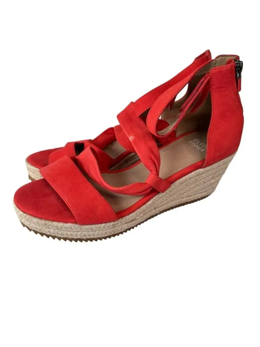 Eileen Fisher Wisp Red Nubuck Espadrille Wedge Sandals Ankle Zip Women 9